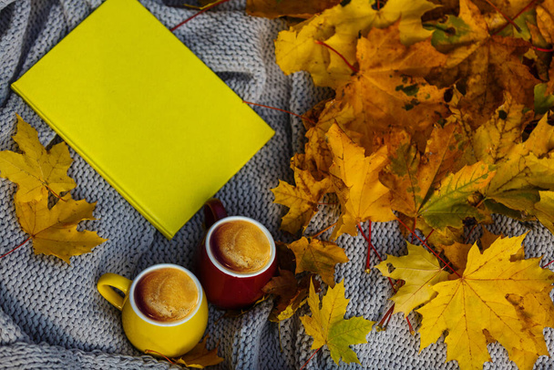 Autumn leaves and hot steaming cup of coffee. Fall season, leisure time and coffee break concept. - Photo, Image