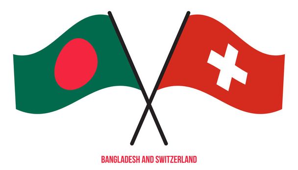 Bandeiras de Bangladesh e Suíça cruzadas e acenando estilo plano. Proporção oficial. Cores corretas. - Vetor, Imagem