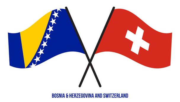 Bosnia-Erzegovina e Svizzera Bandiere incrociate e sventolanti Stile piatto. Proporzione ufficiale Colori. - Vettoriali, immagini