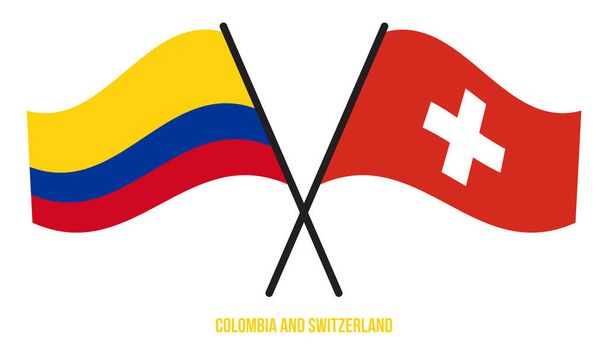 Colombia y Suiza banderas cruzadas y ondeando estilo plano. Proporción oficial. Colores correctos. - Vector, Imagen