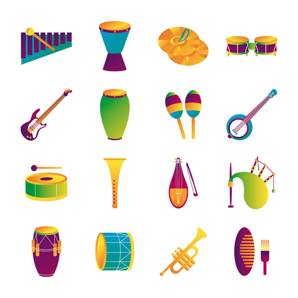 paquete de dieciséis instrumentos musicales conjunto de iconos de colección - Vector, imagen