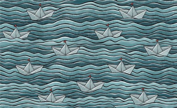 Drijvende papieren boten. Naadloos patroon - Foto, afbeelding