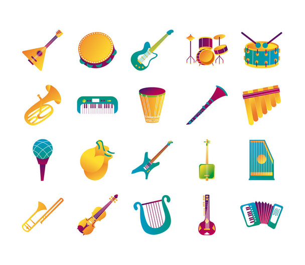 paquete de veinte instrumentos musicales conjunto de iconos - Vector, Imagen