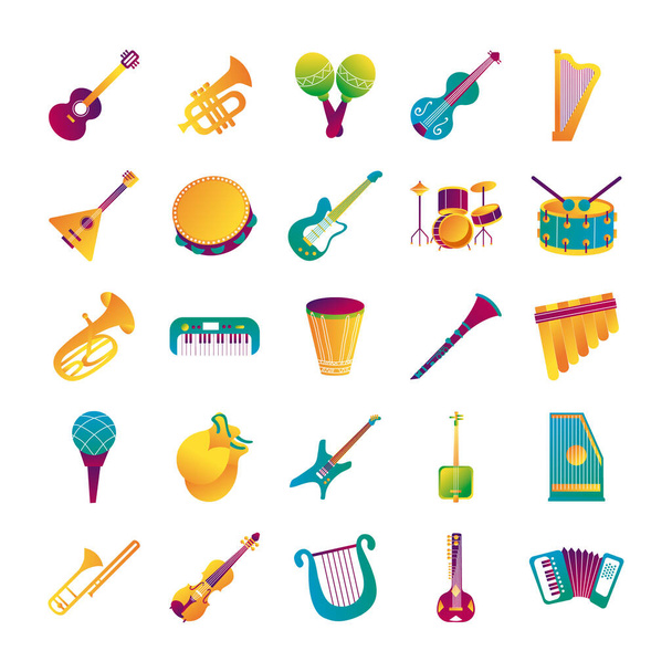 bundle of twenty five musical instruments set collection icons - Vector, Image
