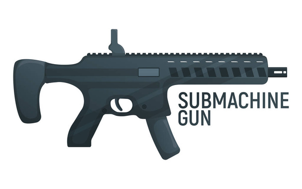 Submachine militair pistool, icoon zelfverdediging automatisch wapen concept cartoon vector illustratie, geïsoleerd op wit. Schietgeweer, soort vuurwapens met tekst. - Vector, afbeelding