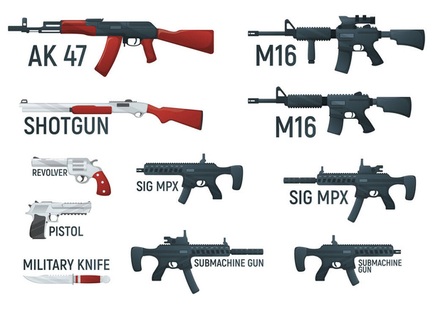 Set of weapon military rifle, revolver and pistol, shotgun carbine, knife and submachine gun cartoon icon vector illustration, isolated of white. Self defense firearms with text name. - Vector, Image