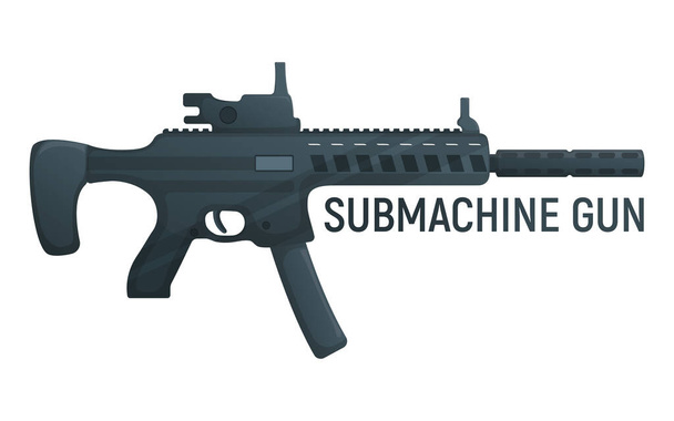 Submachine militair pistool met geluiddemper, icoon zelfverdediging automatisch wapen concept cartoon vector illustratie, geïsoleerd op wit. Schietgeweer, soort vuurwapens met tekst. - Vector, afbeelding