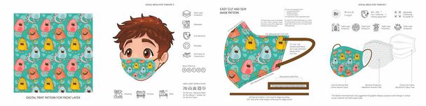 Kids Mockup Template Protective Face Mask, Comic, Cartoon, Back to School, Cute Background Patterns & Prints, Seamless Design for Face Mask, Fashion, Clothing, Fabric, Seamless Vector, Abstract  - Vector, Image