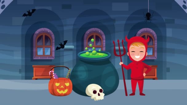 szczęśliwy halloween animowane scena z małym diabeł i kocioł czarownica - Materiał filmowy, wideo