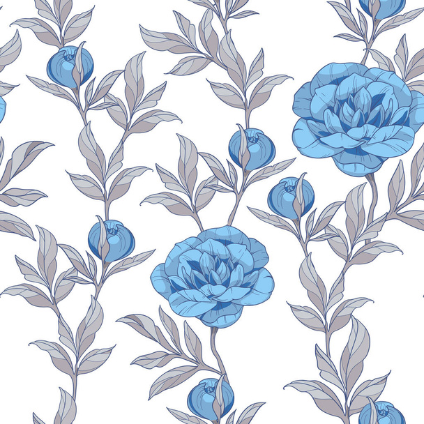 seamless pattern with blue peonies flowers, vector illustration - Vector, Image