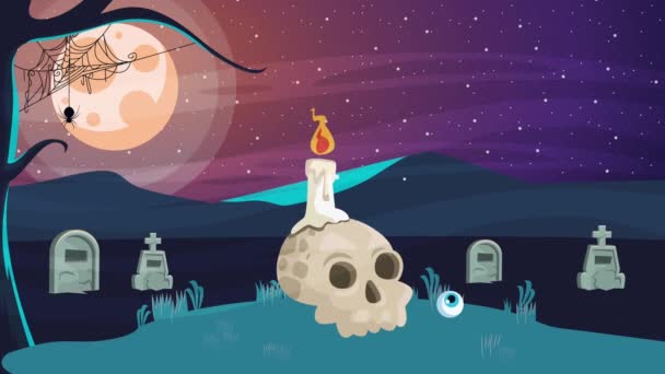 felice halloween scena animata con candela nel cranio - Filmati, video
