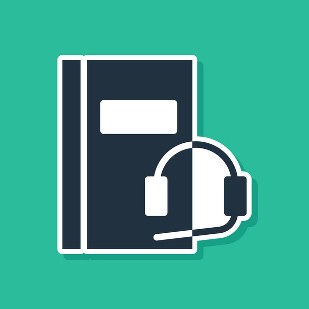 Blue Audio book icon isolated on green background. Book with headphones. Audio guide sign. Online learning concept.  Vector Illustration. - Vector, Image