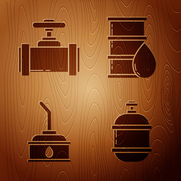 Set Réservoir de gaz propane, Tuyaux métalliques et soupape de l'industrie, Conteneur pour huile de machine à moteur et huile de baril sur fond en bois. Vecteur. - Vecteur, image