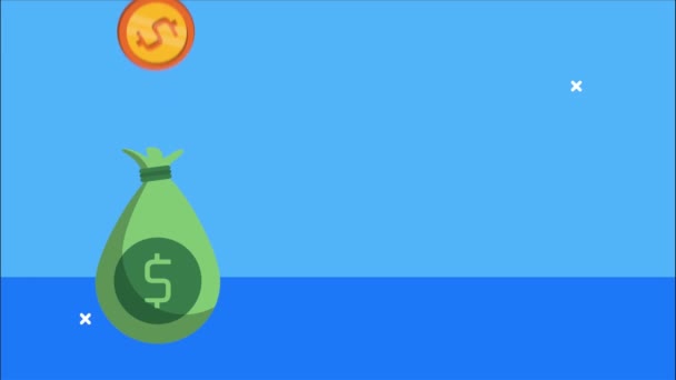 animación financiera con bolsa de dinero y monedas - Metraje, vídeo