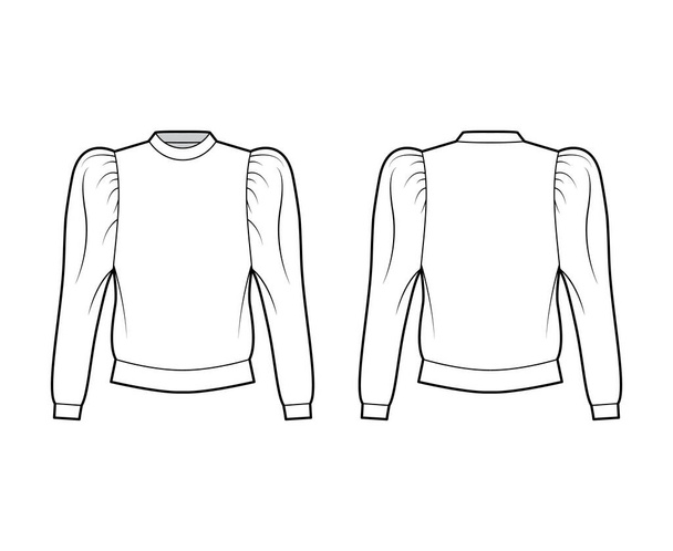 Sudadera de algodón y jersey ilustración técnica de moda con ajuste relajado, escote redondo, reunidos, mangas largas hinchadas. - Vector, imagen