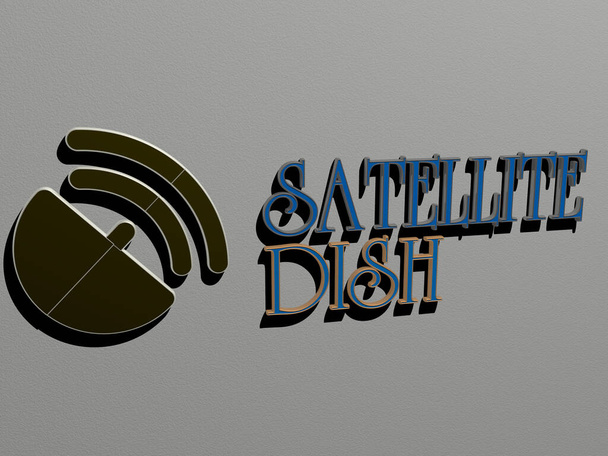 3D illustratie van satellietschotel graphics en tekst gemaakt door metalen dobbelstenen letters voor de verwante betekenissen van het concept en presentaties, 3D illustratie - Foto, afbeelding