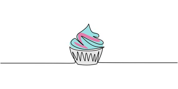 One single line drawing of sweet muffin cake. Delicious cupcake shop menu and restaurant badge concept. Sweet pastry online shop logo vector illustration. Modern hand draw design cookies - Vector, Image