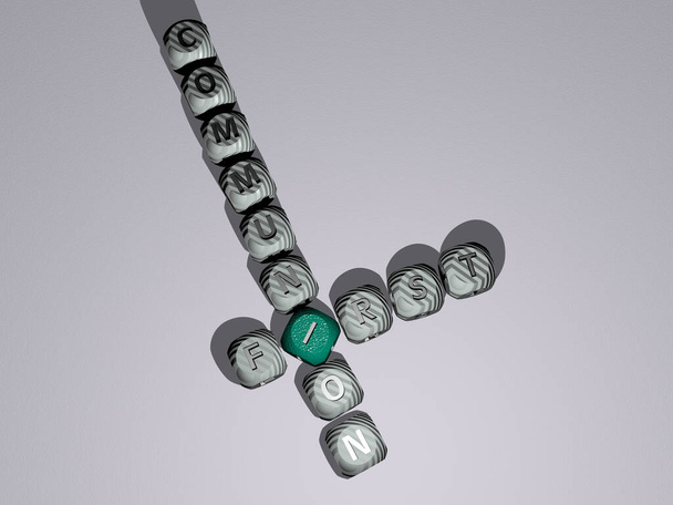 ENSIMMÄINEN VIESTINTÄ ristisanatehtävä noppaa kirjaimia väri, 3D-kuva - Valokuva, kuva