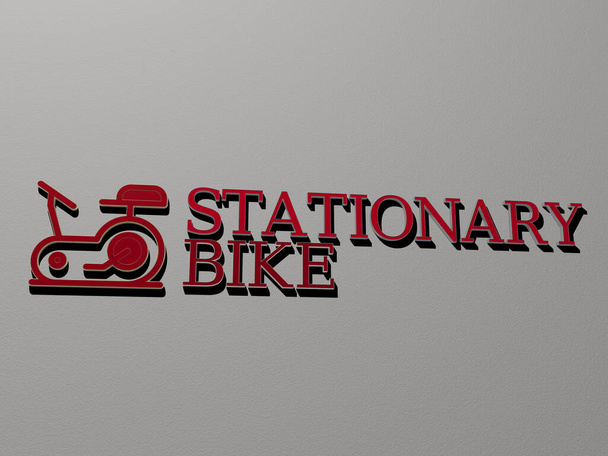 STATIONÁRIS Kerékpár ikon és szöveg a falon, 3D illusztráció - Fotó, kép