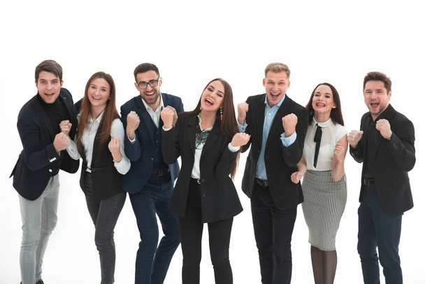 Smiling and confident business team standing over white backgrou - Фото, изображение