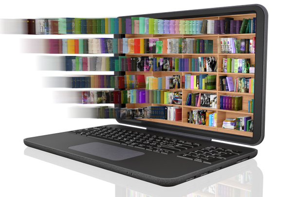 Illustration 3D. Bibliothèque, avec beaucoup de livres, dans un ordinateur portable. Ebooks, livres électroniques, disponibles en téléchargement sur un ordinateur portable - Photo, image