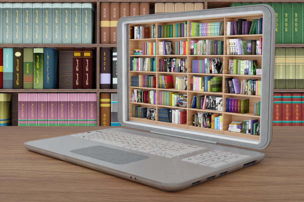 3D illusztráció. Könyvtár, sok könyvvel, egy laptopban. Elektronikus könyvek, elektronikus könyvek, letölthetők hordozható számítástechnikai eszközön - Fotó, kép