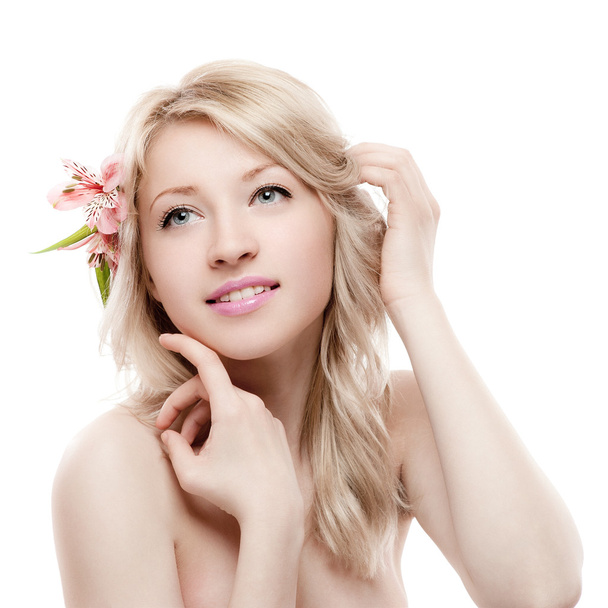 blond girl with flower - Фото, изображение
