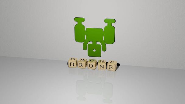 DRONE Text würfelförmiger Buchstaben auf dem Boden und 3D-Symbol an der Wand, 3D-Illustration - Foto, Bild