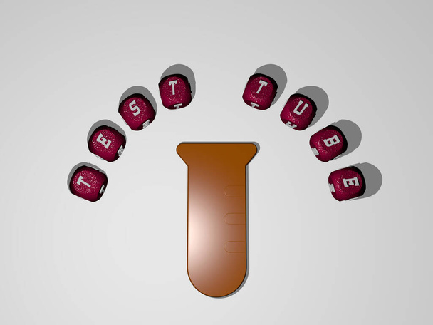 tesztcső ikon körül szöveges egyedi betűk, 3D illusztráció - Fotó, kép