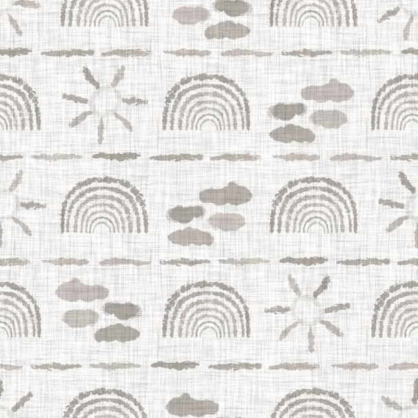 フランスの織りリネンの質感のドアの形状の背景。Ecru亜麻グレーのスクリブルモチーフシームレスパターン。ラフグレイジブロックプリント布テクスチャキャンバス - 写真・画像