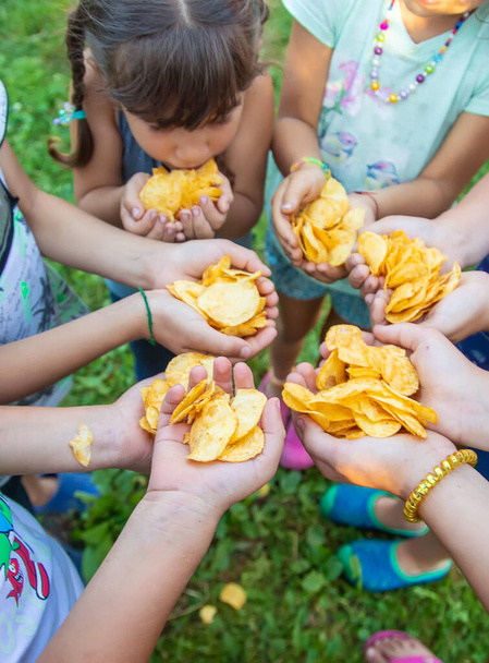 Children are holding chips in their hands. Selective focus. people. - Photo, Image