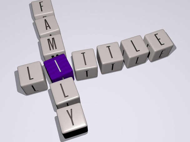 mała rodzinna krzyżówka przez sześcienne litery kości, ilustracja 3D - Zdjęcie, obraz