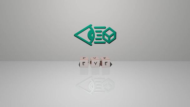 EYE text of cubic dice letters on the floor and 3D icon on the wall, 3D illustration - Photo, Image