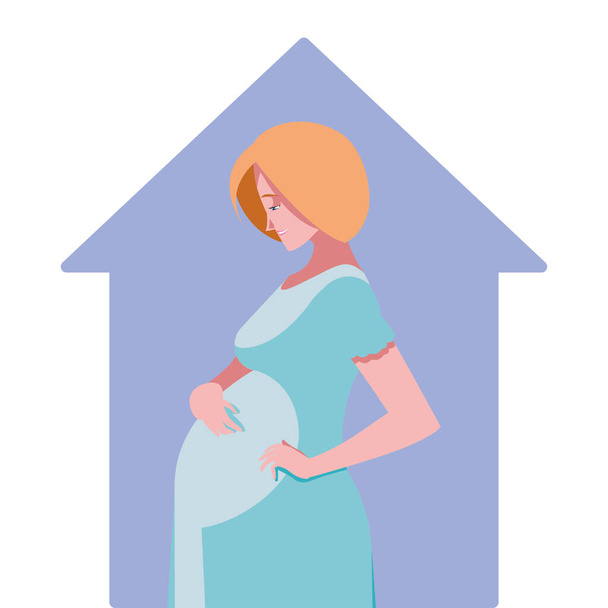 sarışın hamile kadın çizgi film ev vektör tasarımı - Vektör, Görsel