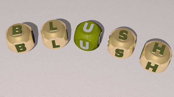 BLUSH texto curvo de letras de dados cúbicos, ilustração 3D - Foto, Imagem