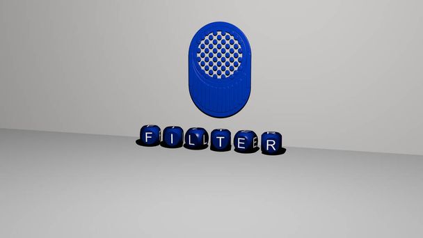 Иконка FILTER 3D на стене и текст кубических алфавитов на полу, 3D иллюстрация - Фото, изображение
