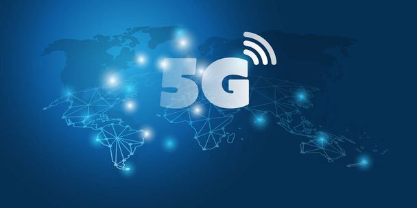 Futuristische wereldwijde 5G mobiele netwerken concept met cluster van gloeiende knooppunten en wereldkaart - hoge snelheid, breedband mobiele telecommunicatie en draadloos internet ontwerp - Vector, afbeelding