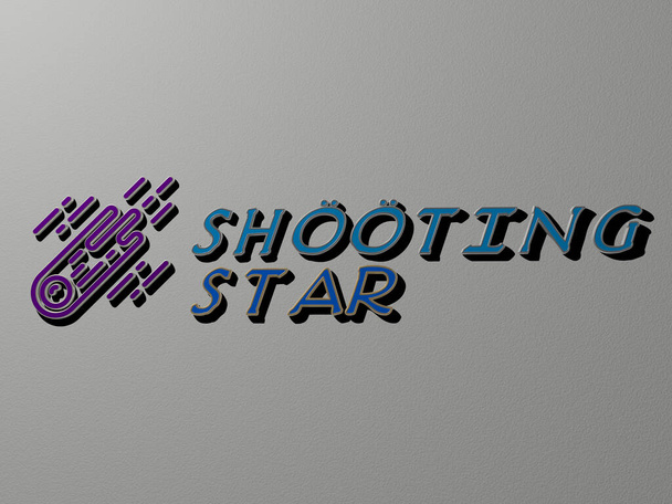 3D representation of shooting star with icon on the wall and text arranged by metallic cubic letters on a mirror floor for concept meaning and slideshow presentation, 3D illustration - Photo, Image