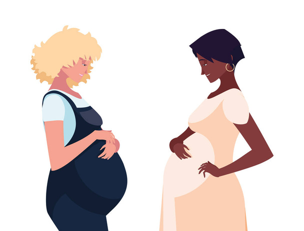 Vaalea ja musta raskaana olevat naiset sarjakuvia vektori suunnittelu - Vektori, kuva