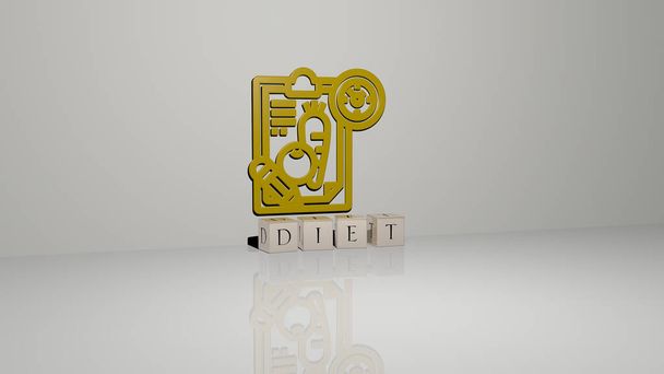 texto de la dieta de letras de dados cúbicos en el suelo y el icono 3D en la pared, ilustración 3D - Foto, imagen