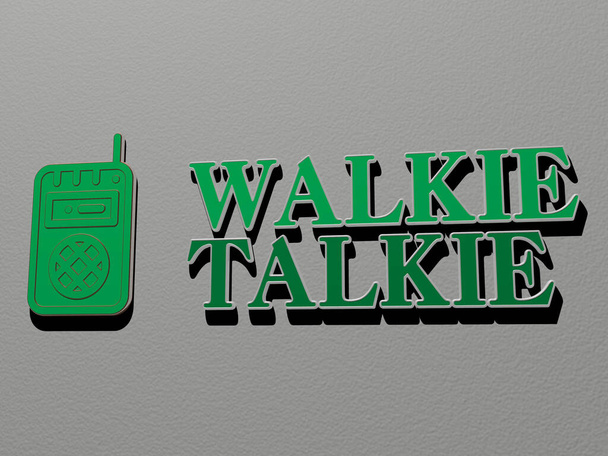 walkie talkie icoon en tekst op de muur, 3D illustratie - Foto, afbeelding