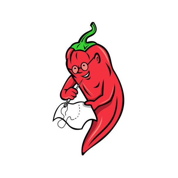 Mascotte illustratie van een rode chili peper van Nahuatl chili fruit van het geslacht Capsicum in de nachtschade familie, het dragen van oma bril en stiksel doek met naainaald in retro stijl. - Vector, afbeelding