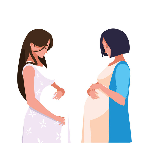 pelo castaño y negro mujeres embarazadas dibujos animados diseño vectorial - Vector, Imagen