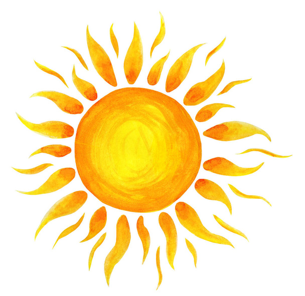 Sonne Cartoon Aquarell. Kinderillustration der von Hand gezeichneten Sonne. isoliert auf weißem Hintergrund. Sonnenaufgang. - Foto, Bild