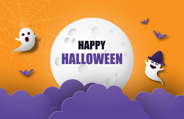 Happy Halloween Banner oder Poster Hintergrund mit großem Mond, Nachtwolken, Geist und Fledermaus im Scherenschnitt-Stil. - Vektor, Bild