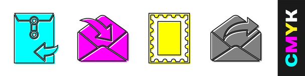 Définir l'enveloppe, l'enveloppe, le timbre postal et l'icône de courrier sortant. Vecteur. - Vecteur, image