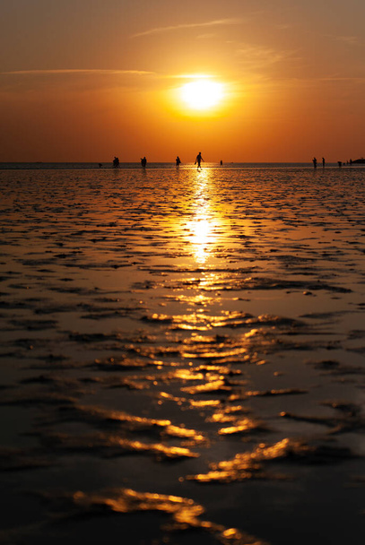 People walking on the wide mudflap beach in the sunset off Buesum. - Photo, Image