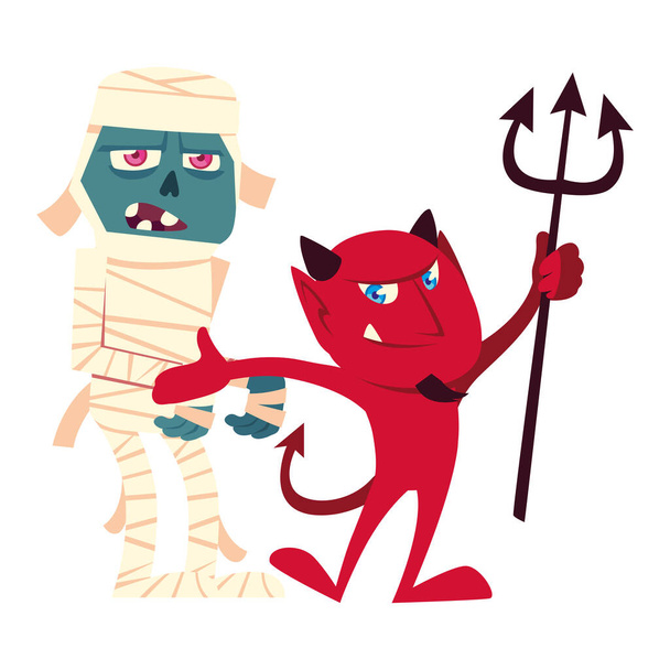 Halloween mummie en duivel cartoons vector ontwerp - Vector, afbeelding