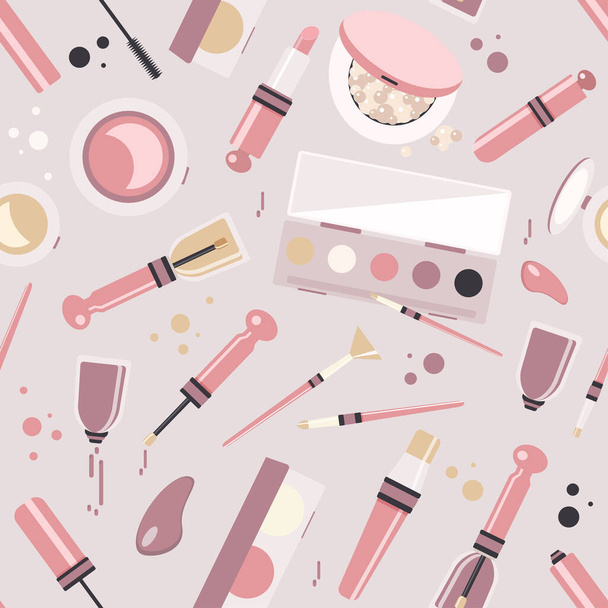 Make-up naadloos patroon. Vectori illustraties van diverse cosmetische producten. - Vector, afbeelding