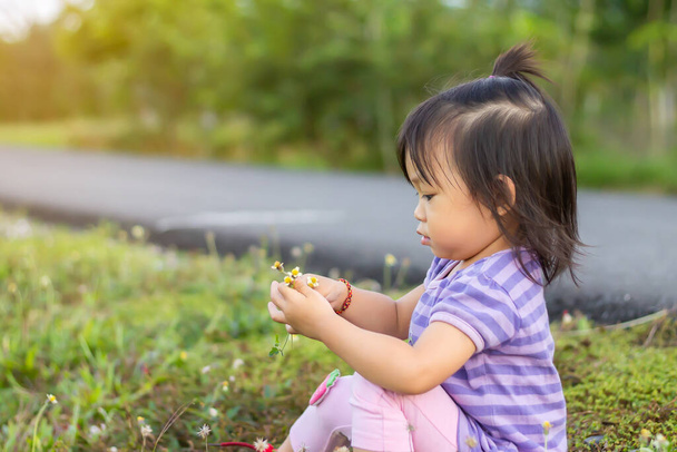 Портретное изображение 2-летнего ребенка. Счастливая азиатская девочка собирает и трогает цветы и траву на садовом поле. Обучение, изучение и развитие концепции ребенка. - Фото, изображение
